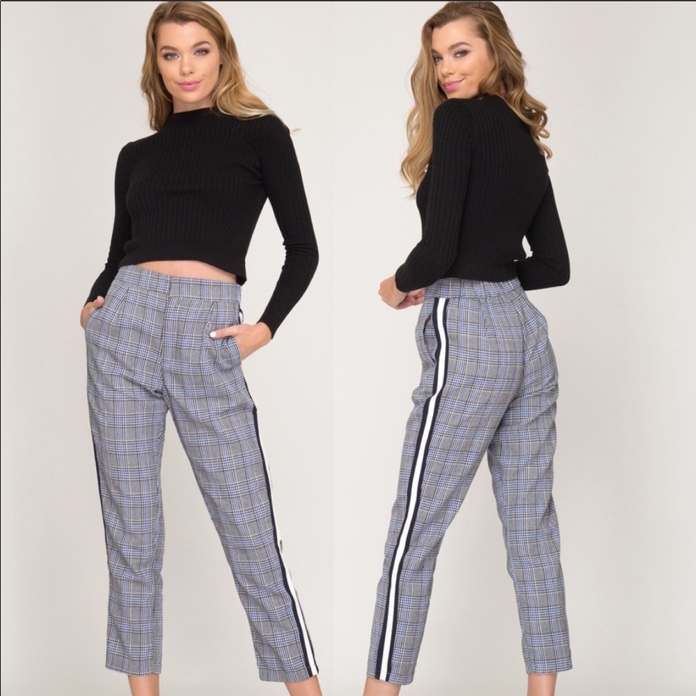 Sporty Chic Plaid Trousers with Side Stripes
